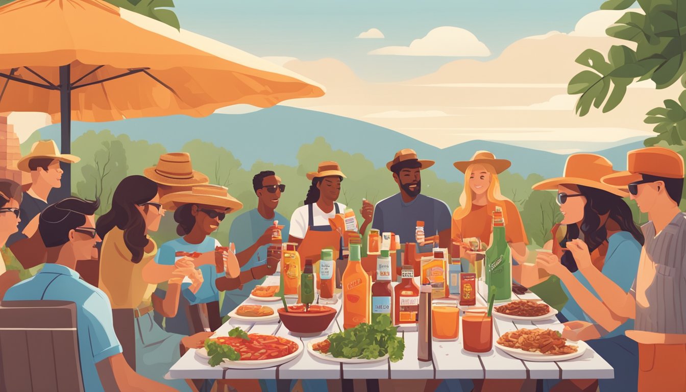 A sunny outdoor brunch scene with a table set with various types of Texas hot sauce and bloody mary mix, surrounded by people enjoying the flavors