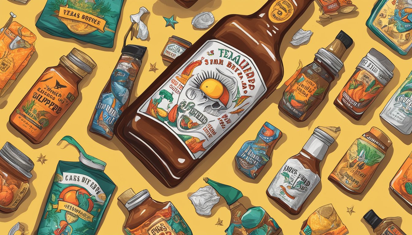 A bottle of Yellowbird Sauce Ghost Pepper hot sauce surrounded by Texas-themed gift items