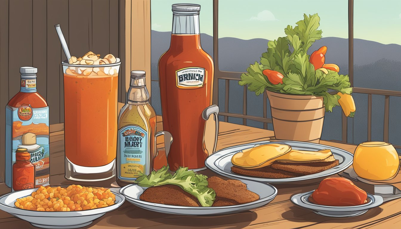 A sunny brunch table with a pitcher of Bloody Mary, a bottle of Texas hot sauce, and a spread of brunch foods