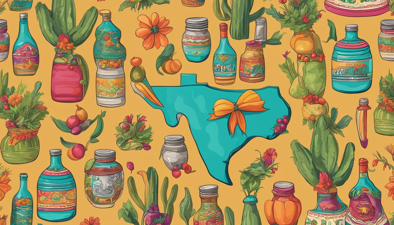 A bottle of Sabor y Arte Salsa de Chipotle surrounded by vibrant Texas-themed gifts