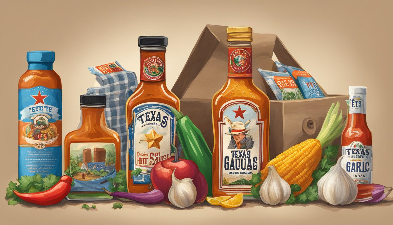 A bottle of Texas Pete Garlic Hot Sauce surrounded by various Texas-themed gifts