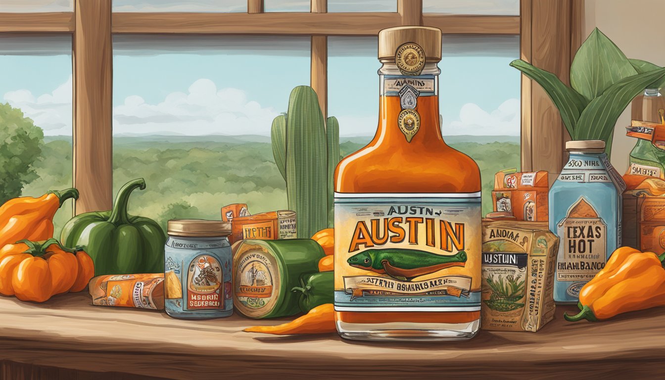 A bottle of Austin Slow Burn Habanero hot sauce surrounded by Texas-themed gifts and decor