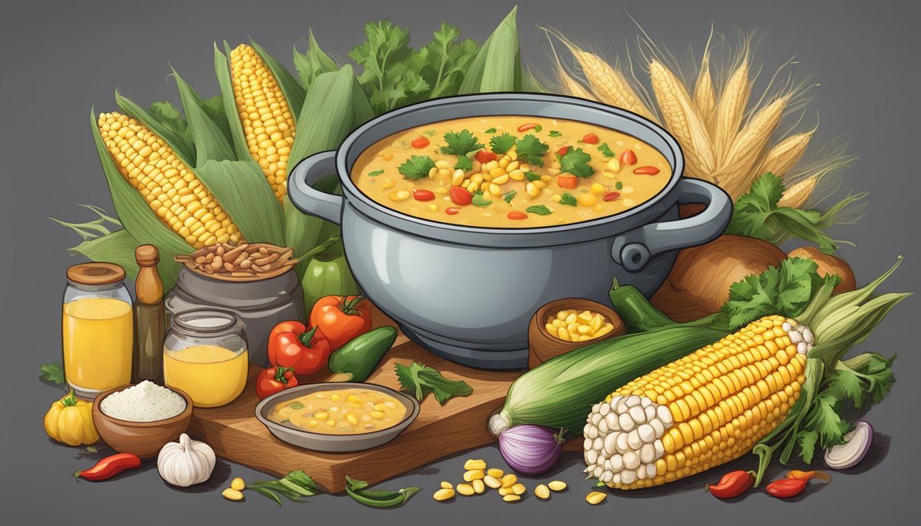 A steaming pot of chipotle corn chowder surrounded by fresh corn, smoky chipotle peppers, and other Texan ingredients