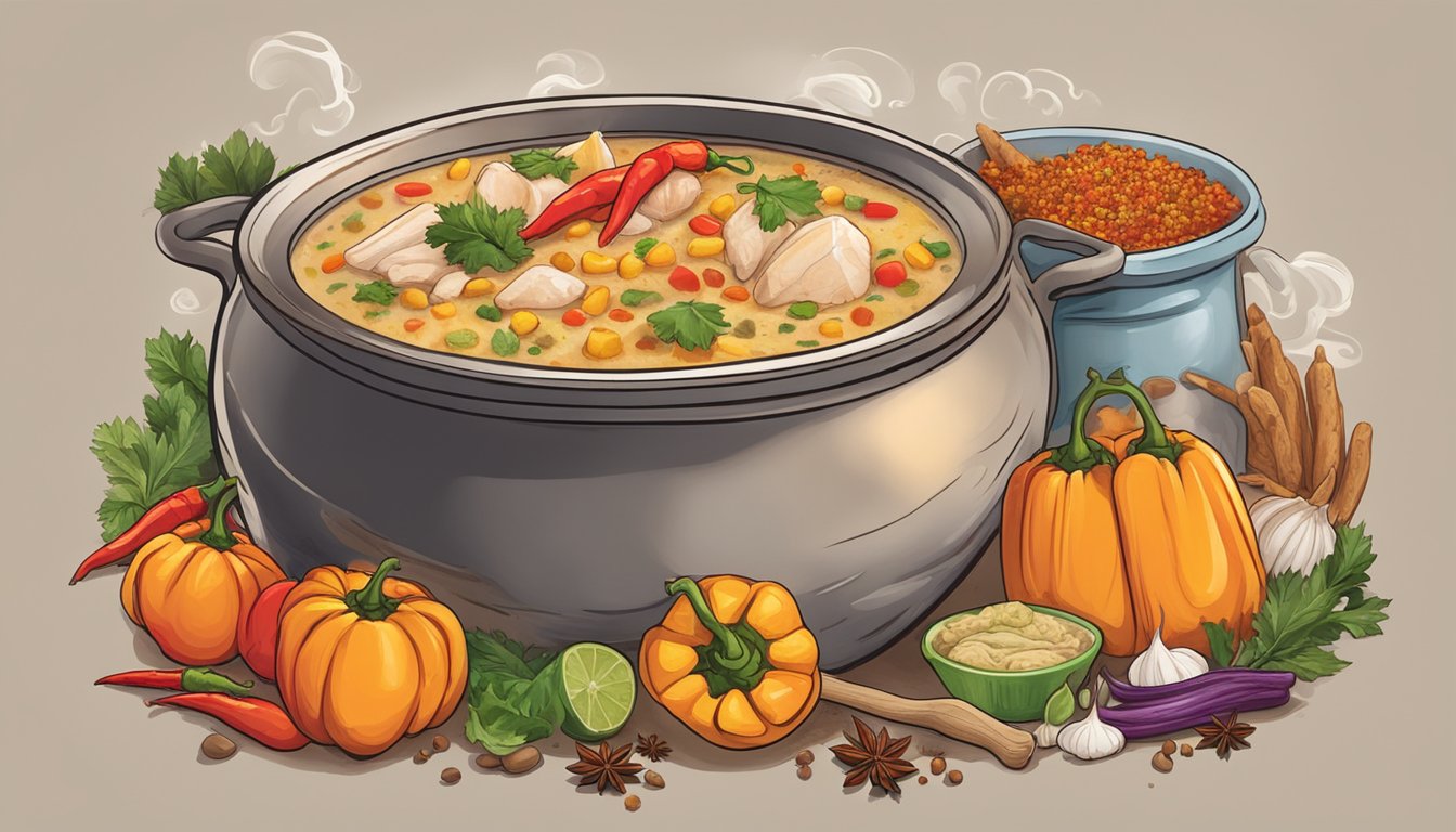 A steaming pot of ghost pepper chicken chowder surrounded by colorful Texas spices and ingredients, emitting a fiery aroma