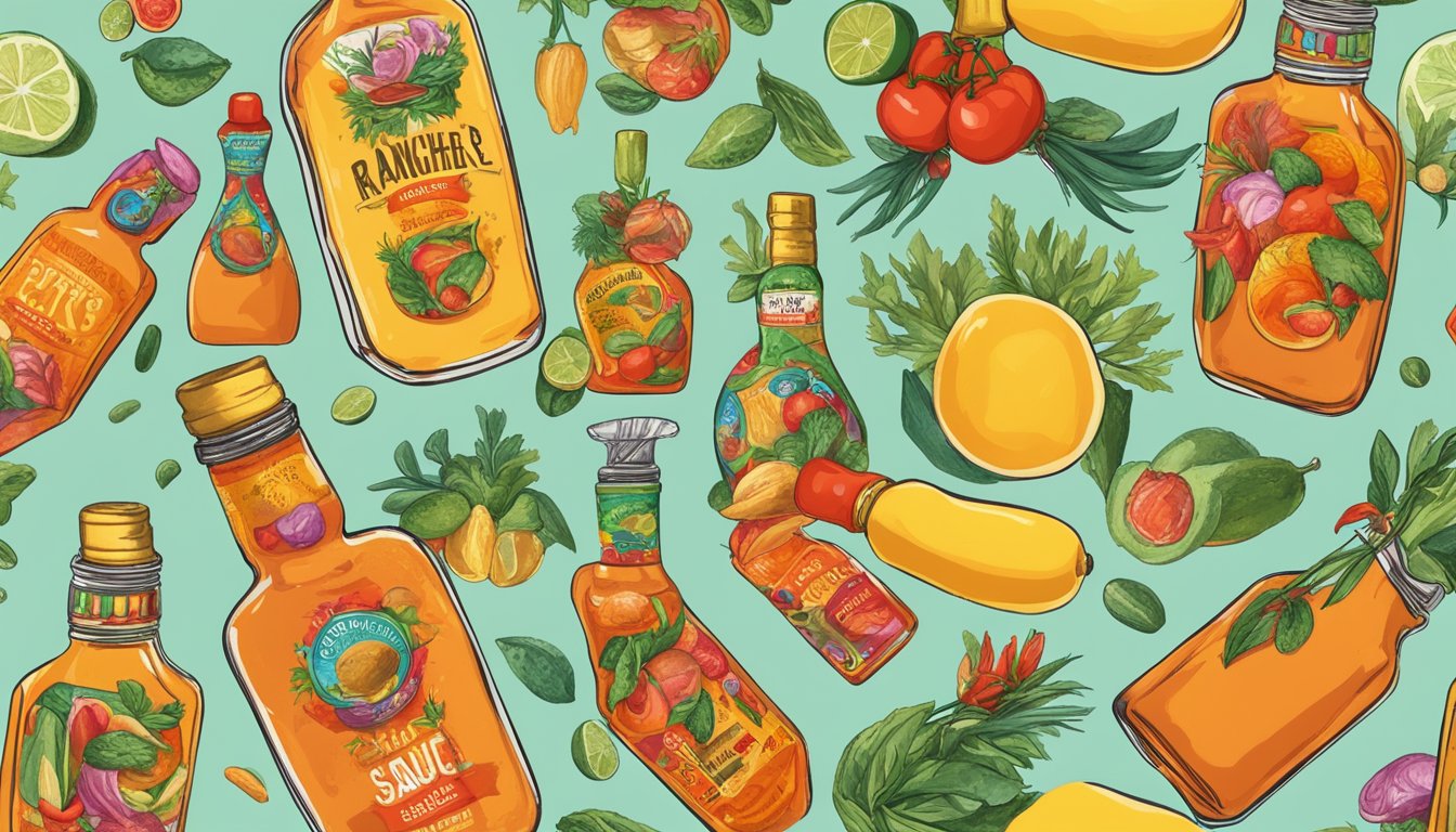 A bottle of Ranchera Sauce by Jardines surrounded by colorful Texas-themed hot sauce gifts