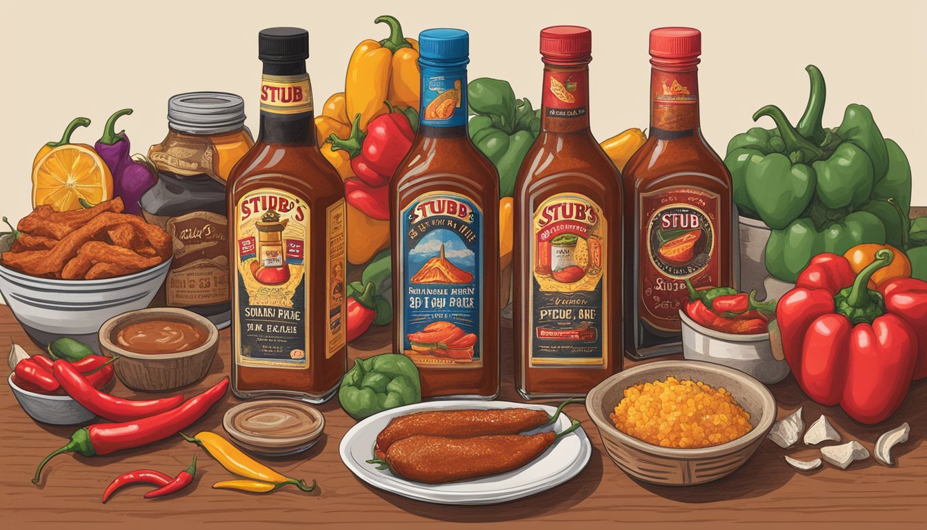 A bottle of Stubb's Bar-B-Q Spicy Sauce surrounded by Texas-themed gifts and hot peppers