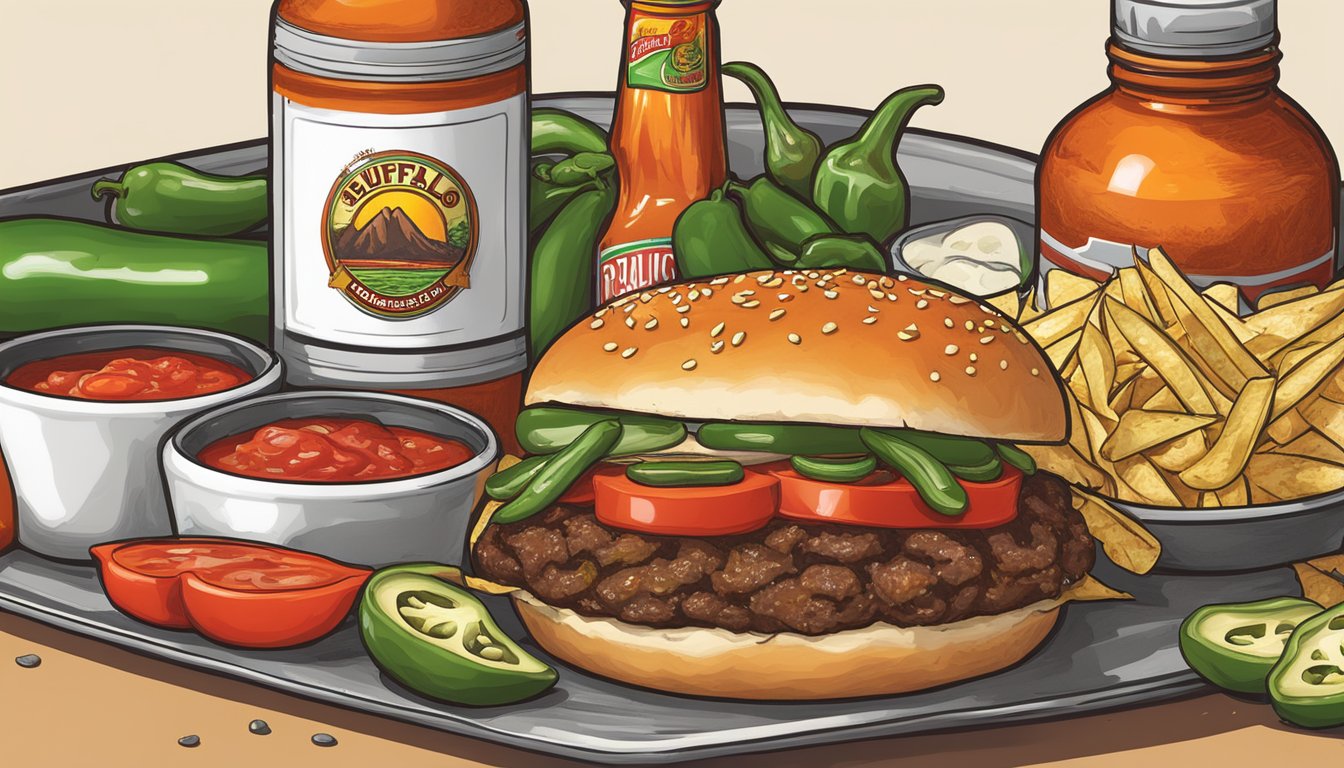 A sizzling buffalo burger topped with fiery salsa, surrounded by jalapenos and hot sauce bottles