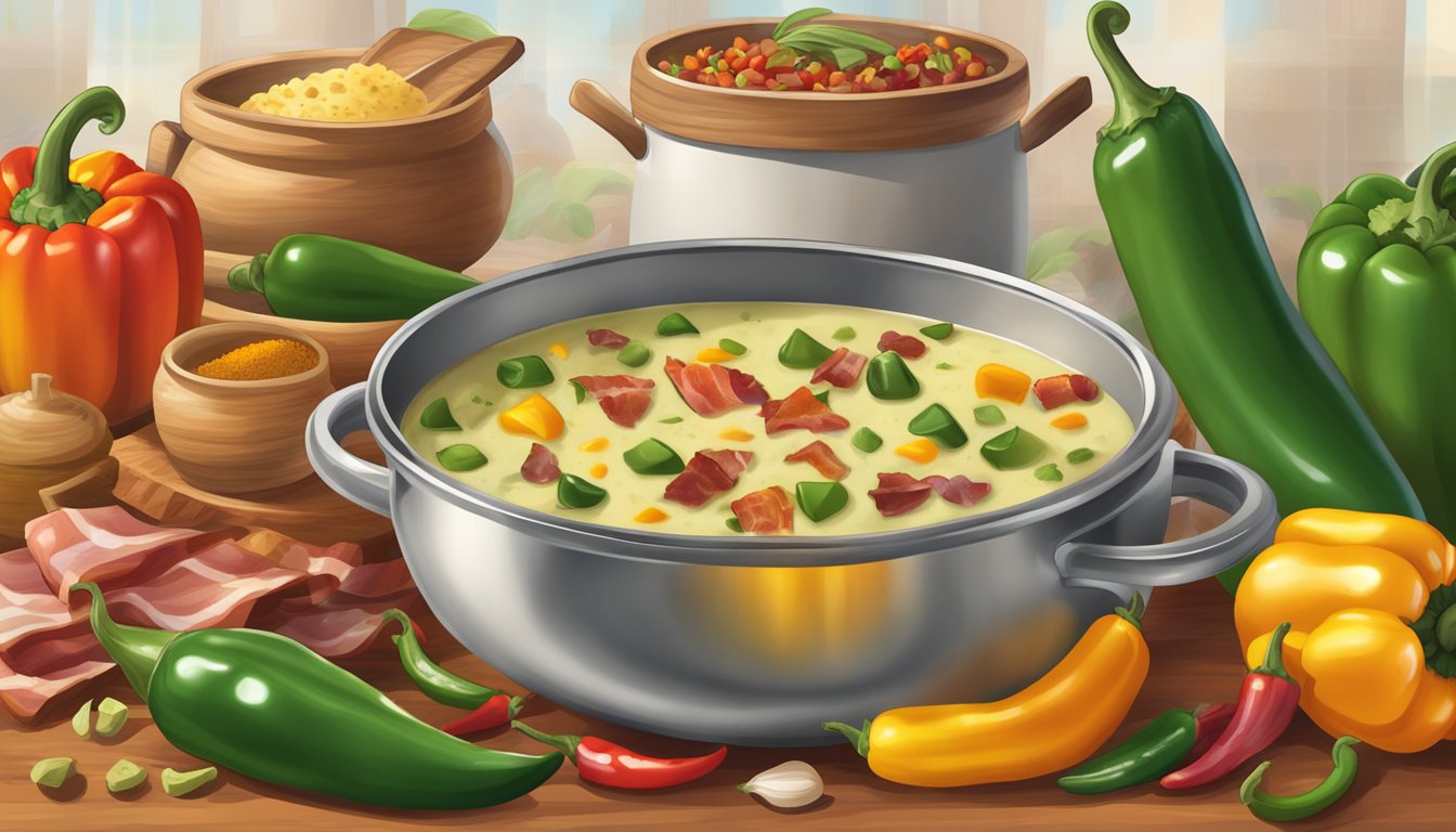 A steaming pot of poblano and bacon chowder surrounded by colorful peppers and spices