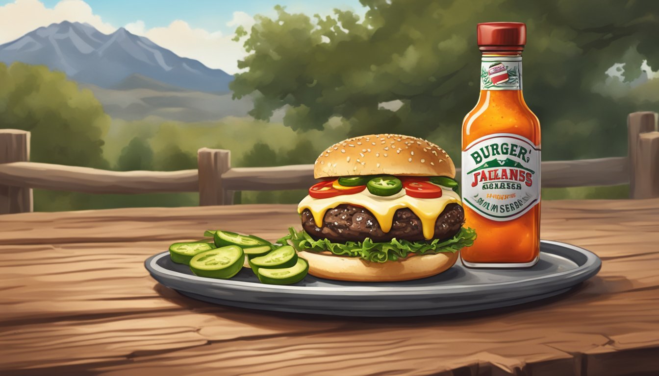 A sizzling burger topped with spicy jalapenos, melted pepper jack cheese, and a dollop of fiery hot sauce, surrounded by a rustic Texas ranch backdrop