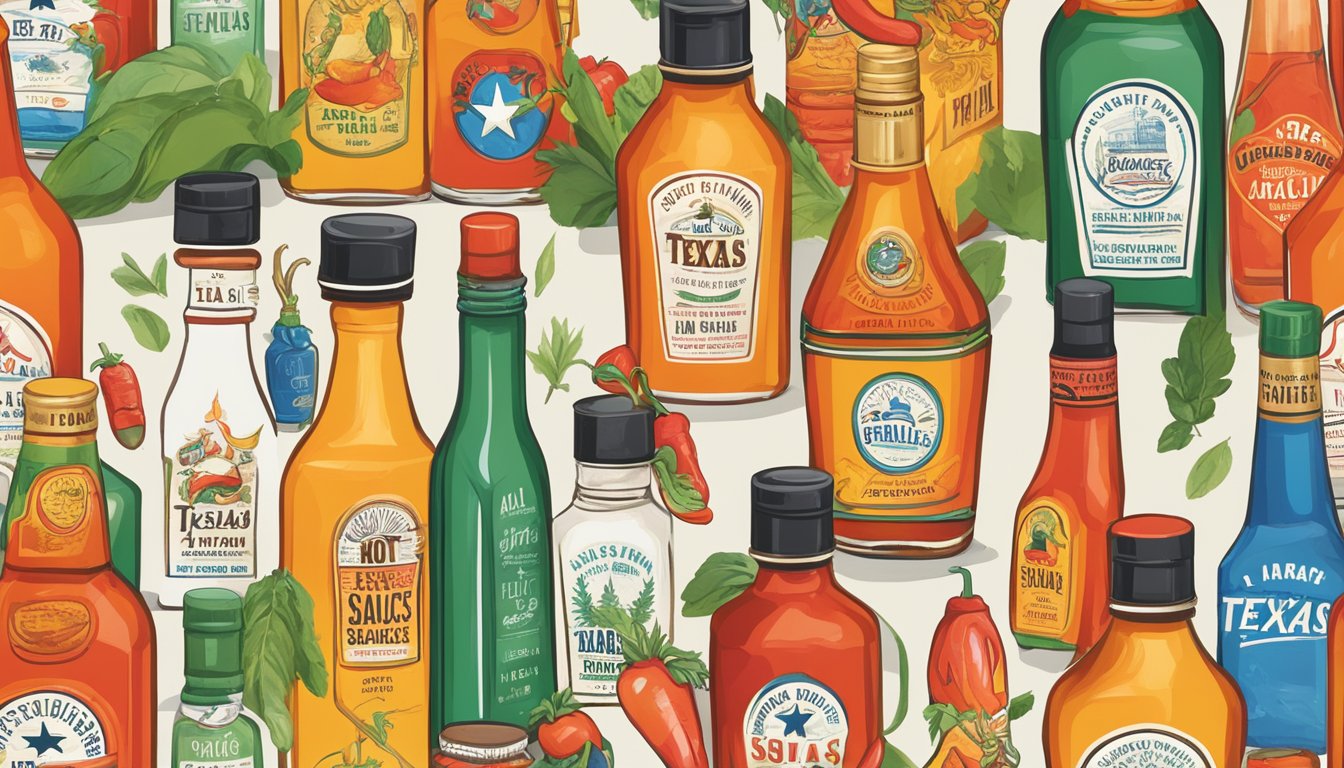 A table displaying an array of Texas hot sauces in colorful bottles, surrounded by regional-themed decor and packaging