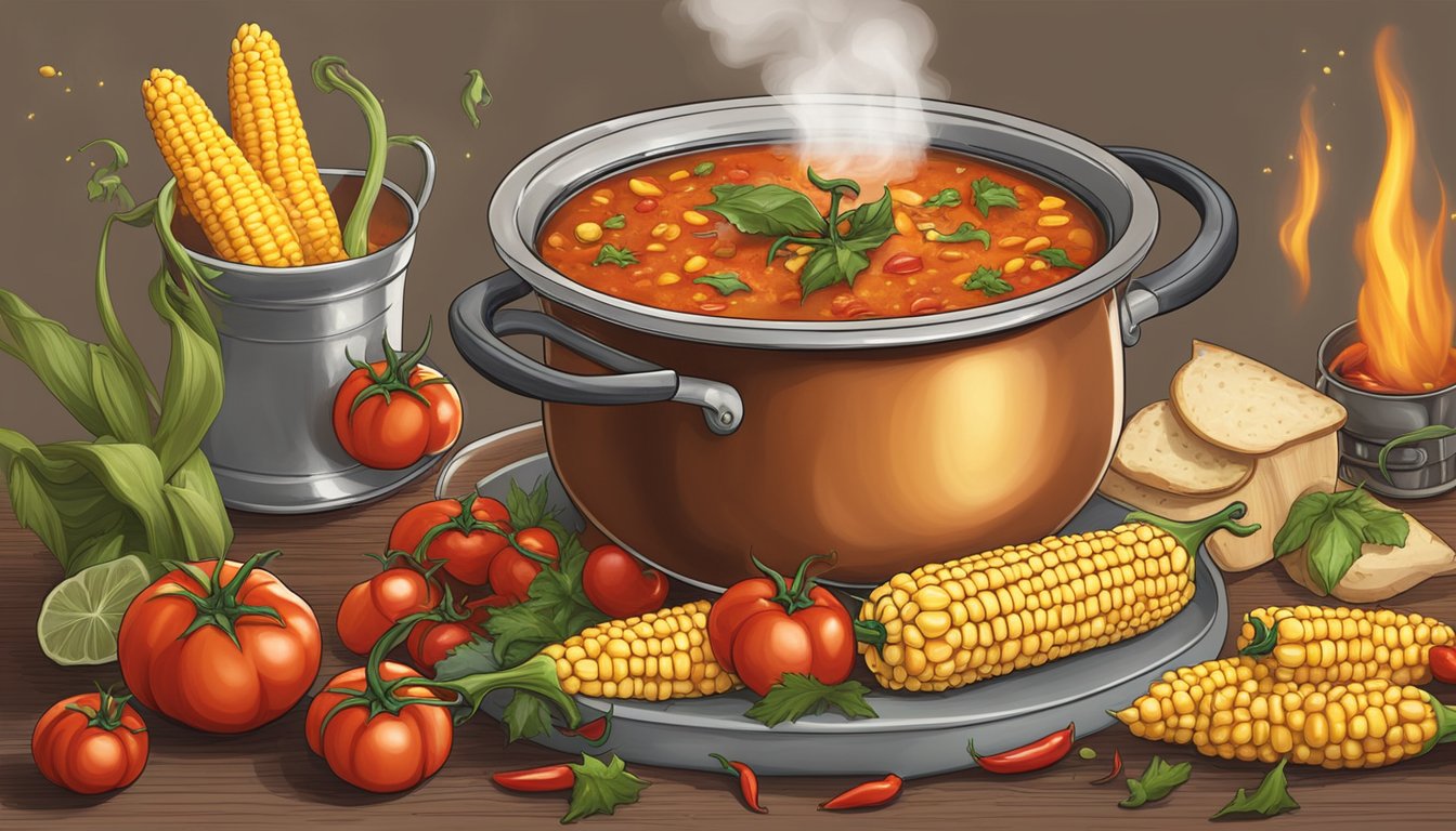 A steaming pot of fire-roasted tomato chowder surrounded by chili peppers and corn, emitting a spicy aroma