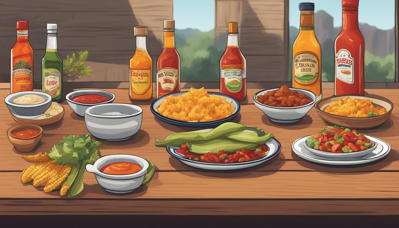 A table set with various local Texas dishes and a selection of hot sauces, with labels indicating the different flavors and heat levels