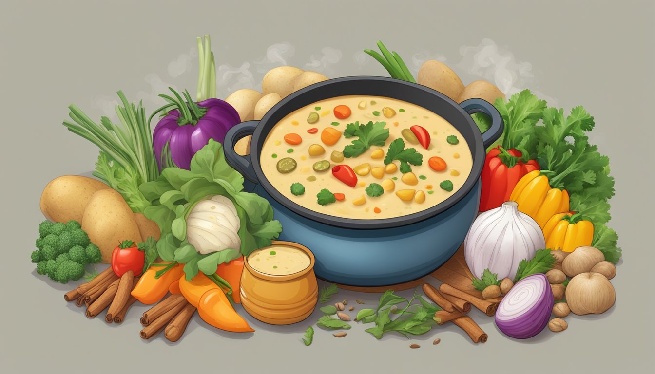 A steaming pot of Serrano Potato Chowder surrounded by colorful Texas spices and fresh vegetables