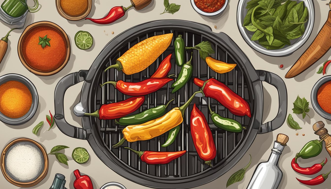 A sizzling grill with smoke rising, surrounded by various spices and ingredients like jalapenos, cayenne pepper, and hot sauce bottles