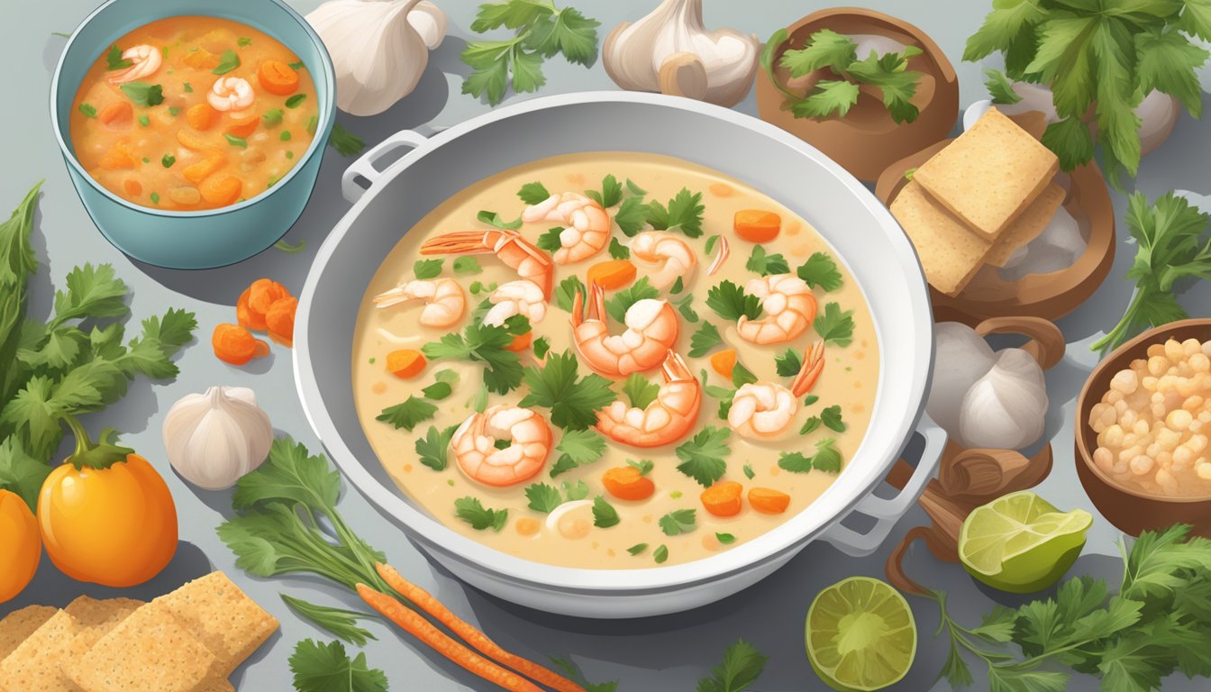 A steaming pot of habanero shrimp chowder surrounded by fresh ingredients and spices