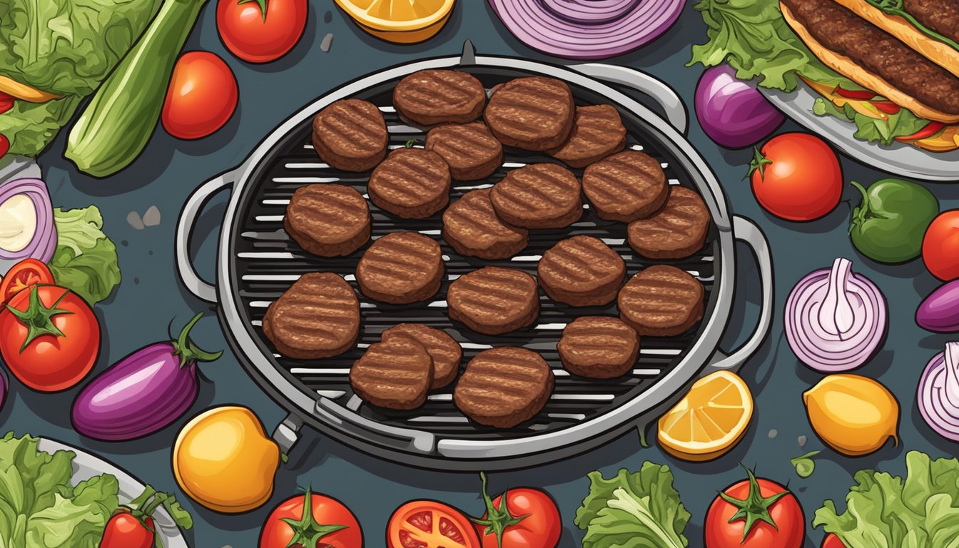 A sizzling grill with juicy beef patties, jalapenos, and pepper jack cheese, surrounded by a colorful array of fresh tomatoes, lettuce, and red onions