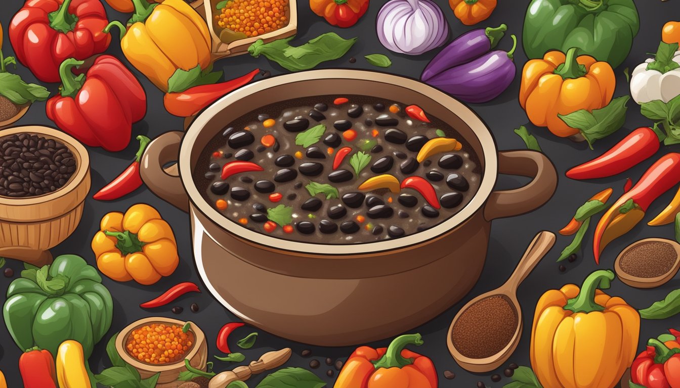 A steaming pot of spicy black bean chowder surrounded by colorful peppers and spices