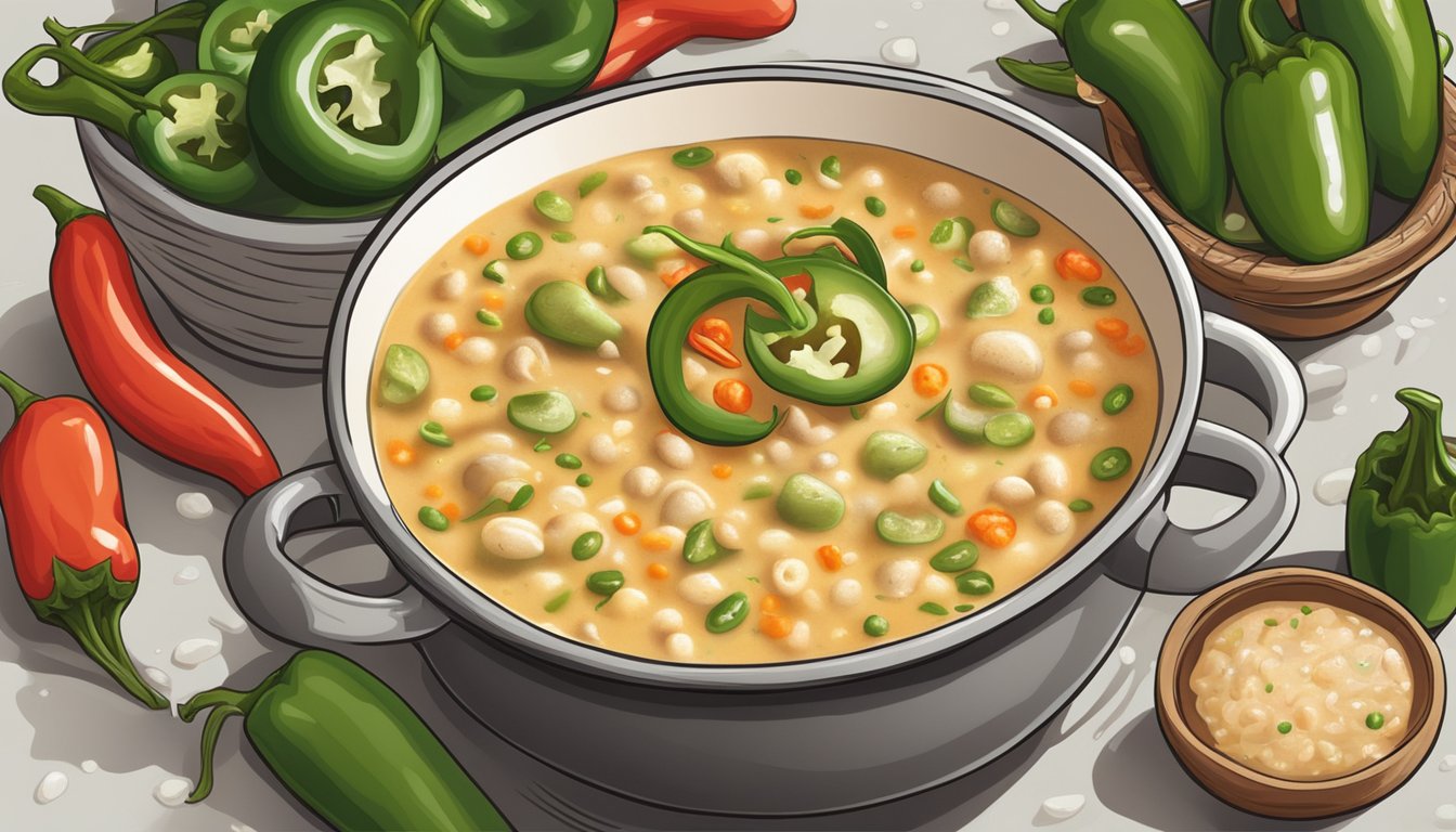 A bubbling pot of Texas chowder surrounded by fresh jalapenos, cayenne pepper, and spicy paprika