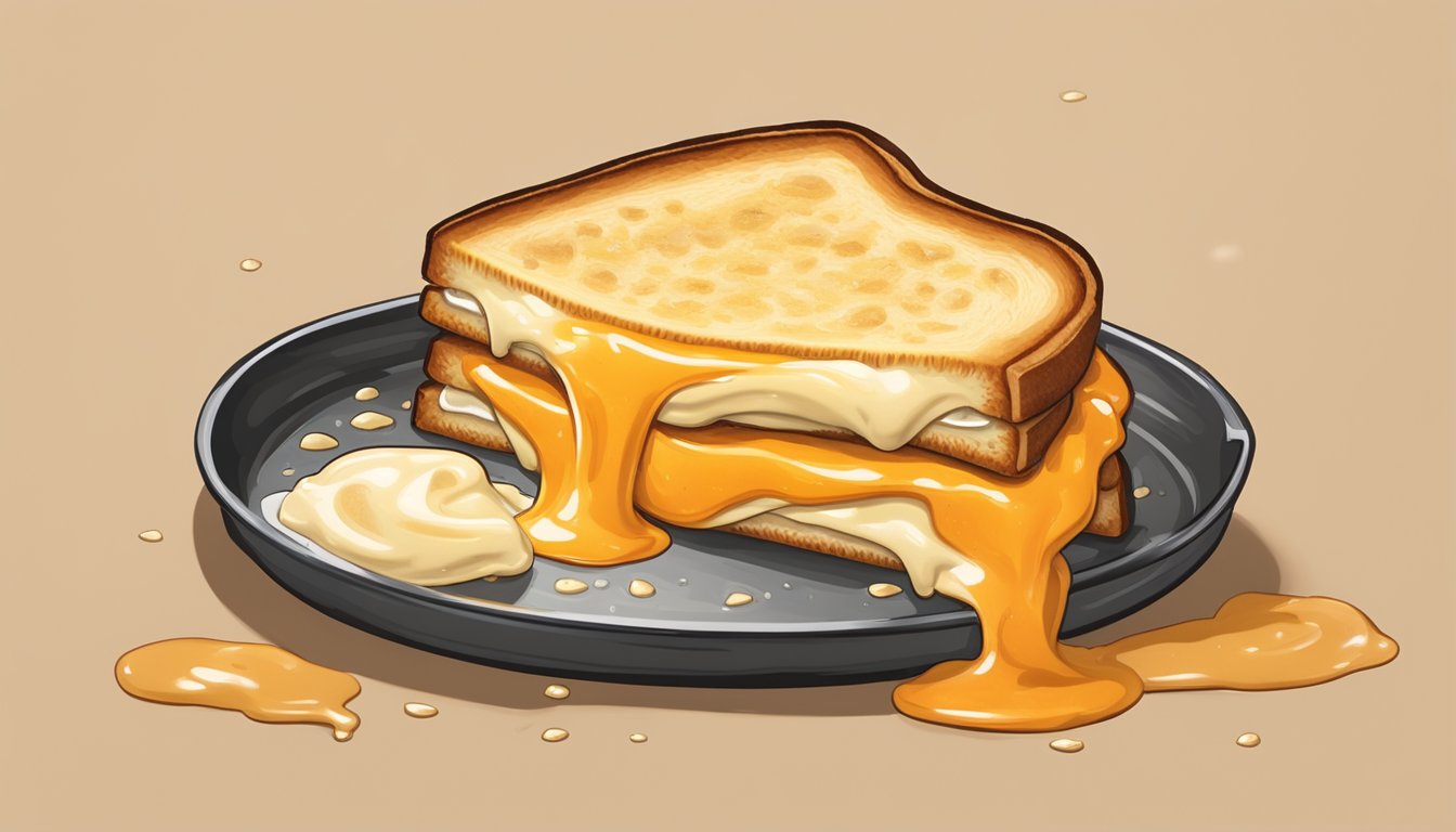 A bubbling skillet with a golden-brown grilled cheese sandwich oozing with melted brie, topped with a generous drizzle of Marie Sharp's Habanero Pepper Sauce