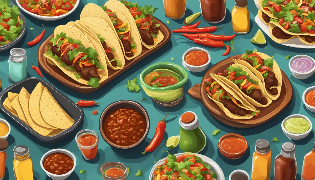 A table set with sizzling tacos, a bowl of spicy salsa, and bottles of hot sauce, ready for a Tex Mex feast