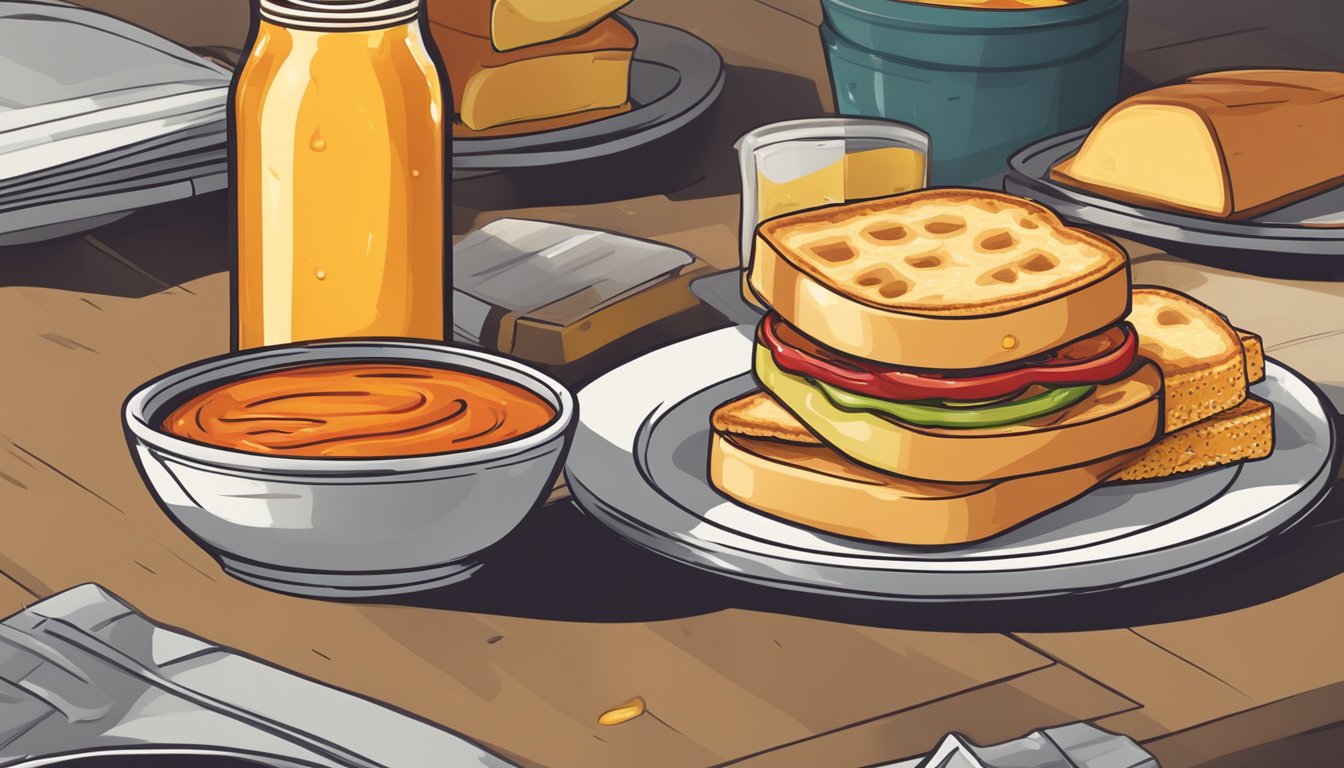 A hot sauce bottle next to a grilled cheese sandwich with American cheese, steam rising from the sandwich