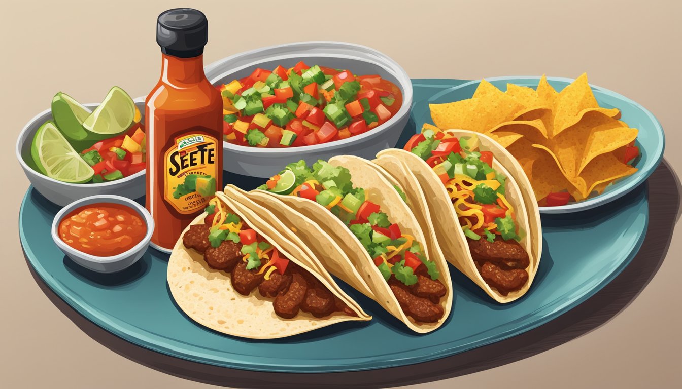 A bottle of Siete Traditional Hot Sauce next to a plate of sizzling tacos, with colorful toppings and a side of fresh salsa