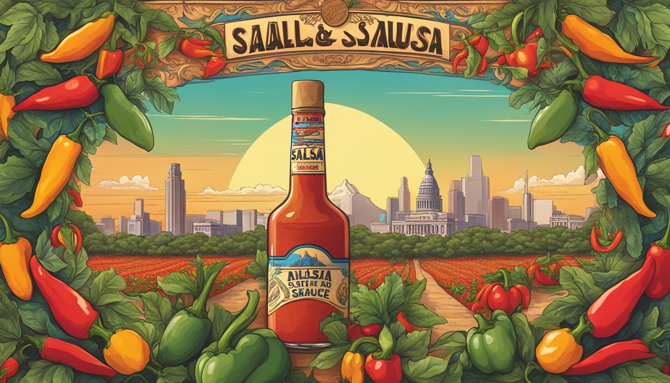 A bottle of Salsa Maya Hot Sauce surrounded by vibrant peppers and chili plants, with a backdrop of iconic Texas landmarks