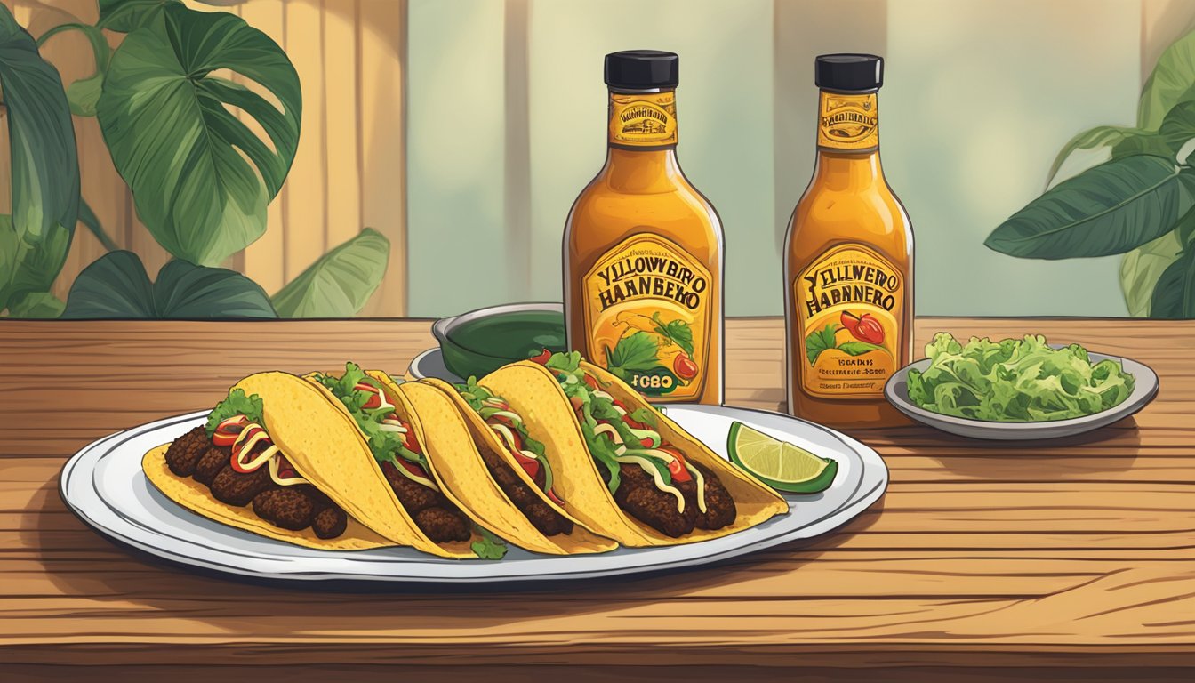 A bottle of Yellowbird Habanero Sauce next to a plate of tacos on a wooden table