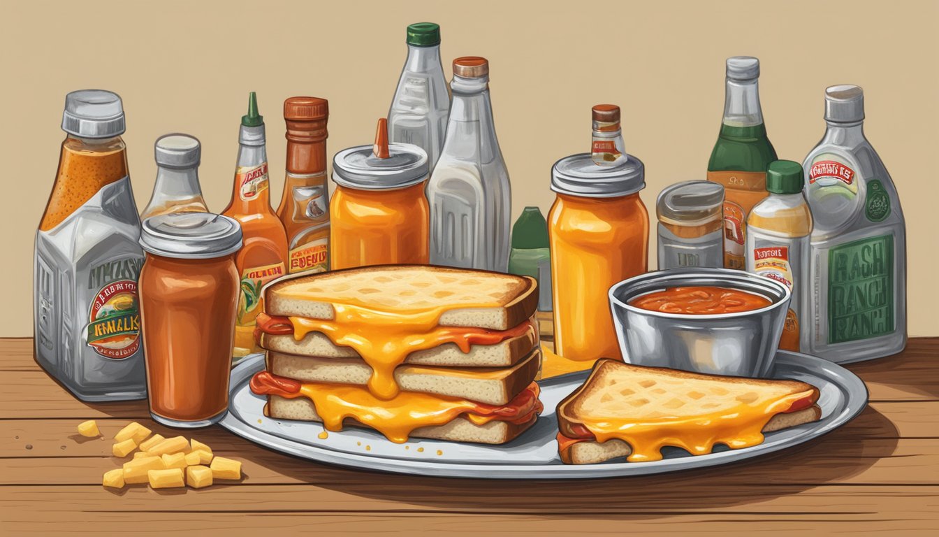 A sizzling grilled cheese sandwich oozing with cheddar and dripping with Texana Texas Ranch Sauce, surrounded by bottles of hot sauce