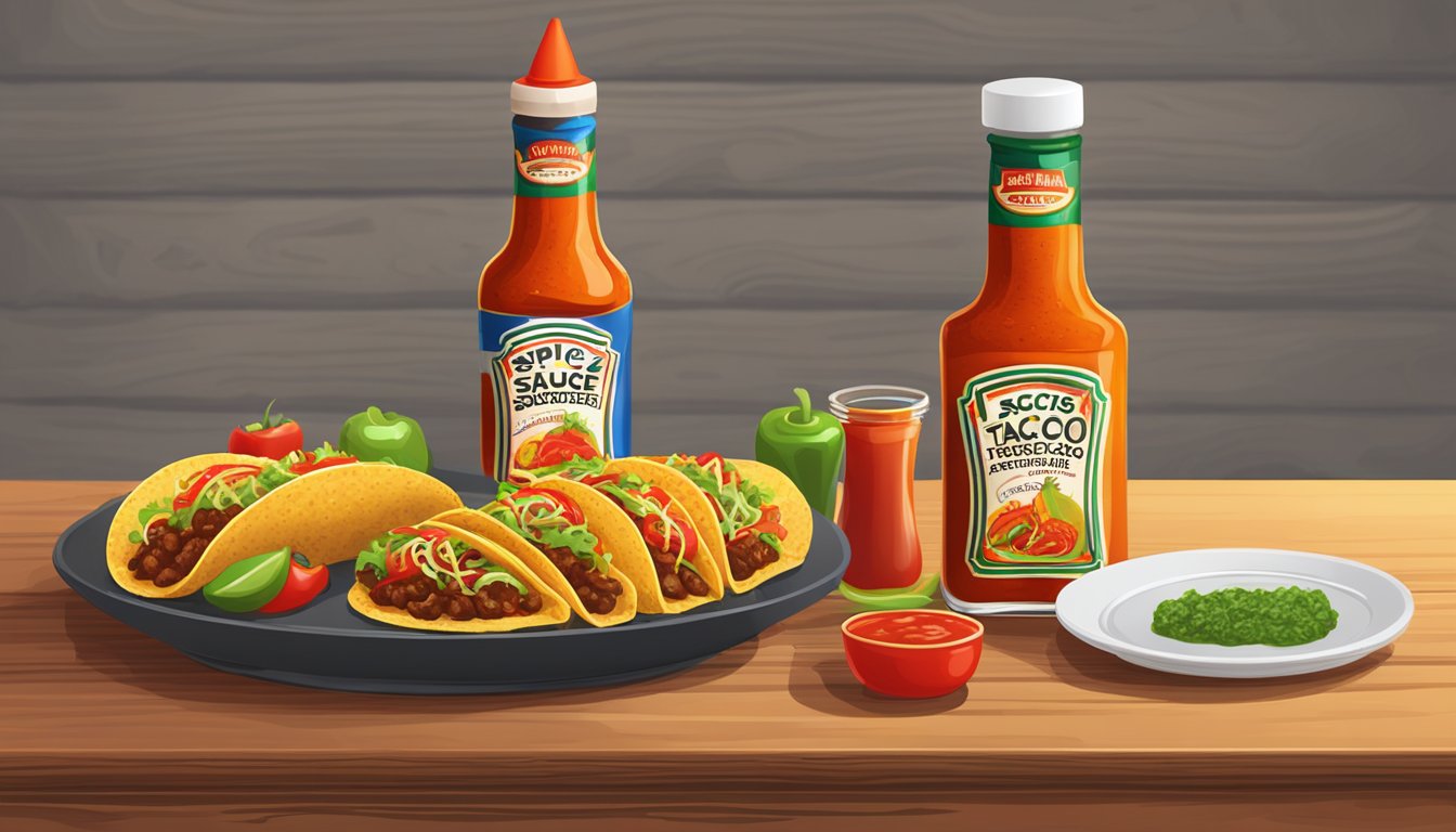 A sizzling hot sauce bottle and a plate of spicy tacos on a wooden table