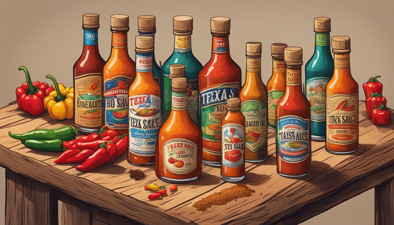 A rustic wooden table with various bottles of Texas hot sauce arranged in an artful display, with colorful peppers and spices scattered around