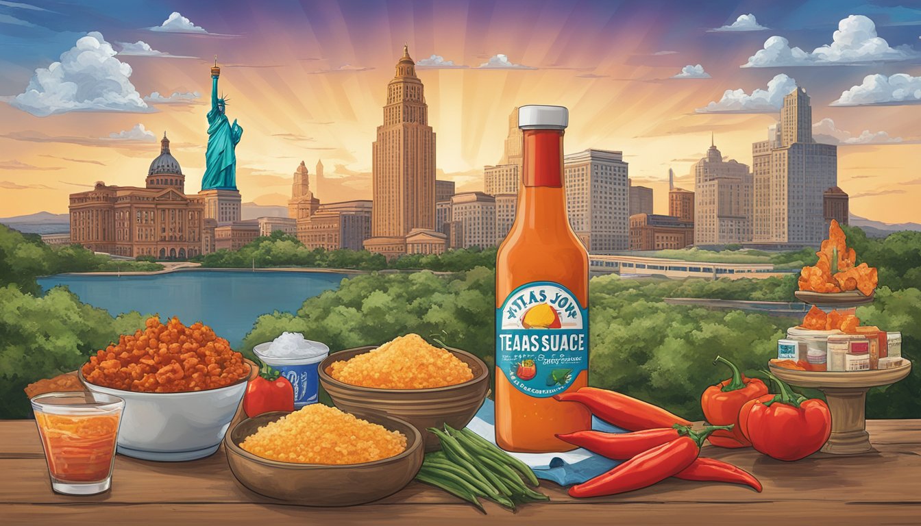 A bottle of Tears of Joy Hot Sauce surrounded by Texas-themed ingredients and a backdrop of iconic Texas landmarks