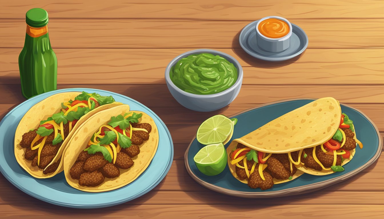 A bottle of Cholula Green Pepper Hot Sauce next to a plate of tacos on a wooden table