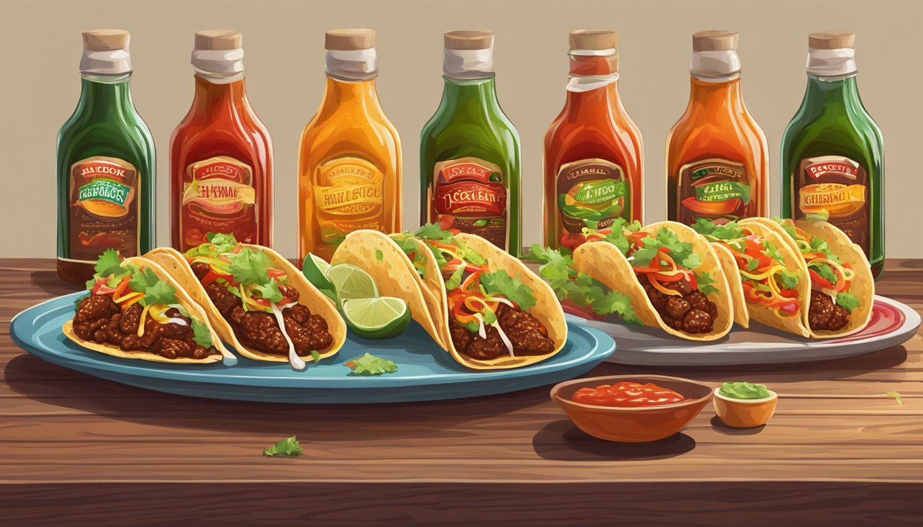 A colorful spread of tacos and hot sauce bottles on a wooden table, with salsa dripping down the sides of the tacos