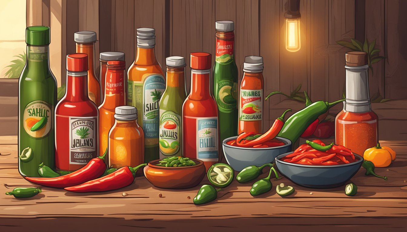 A table with various bottles of hot sauce, surrounded by chili peppers and jalapeños. Bright lighting and a rustic background