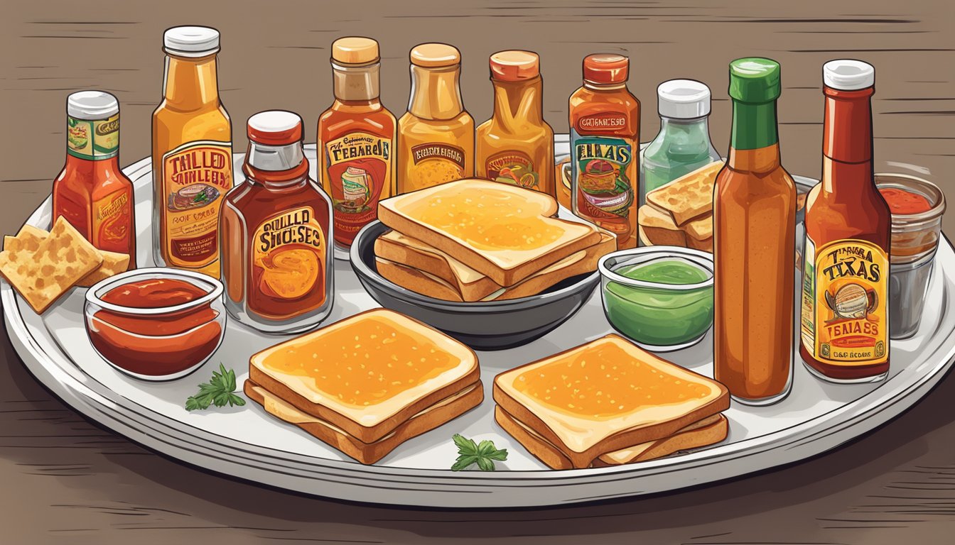 A platter of grilled cheese sandwiches surrounded by various bottles of Texas hot sauces, each with a different flavor profile