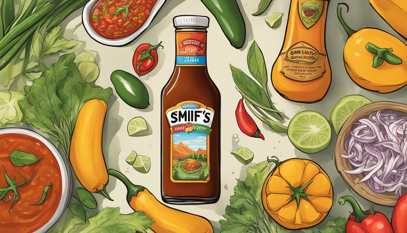 A bottle of Smiff's Organic Texas hot sauce surrounded by various spicy ingredients and a visually appealing background