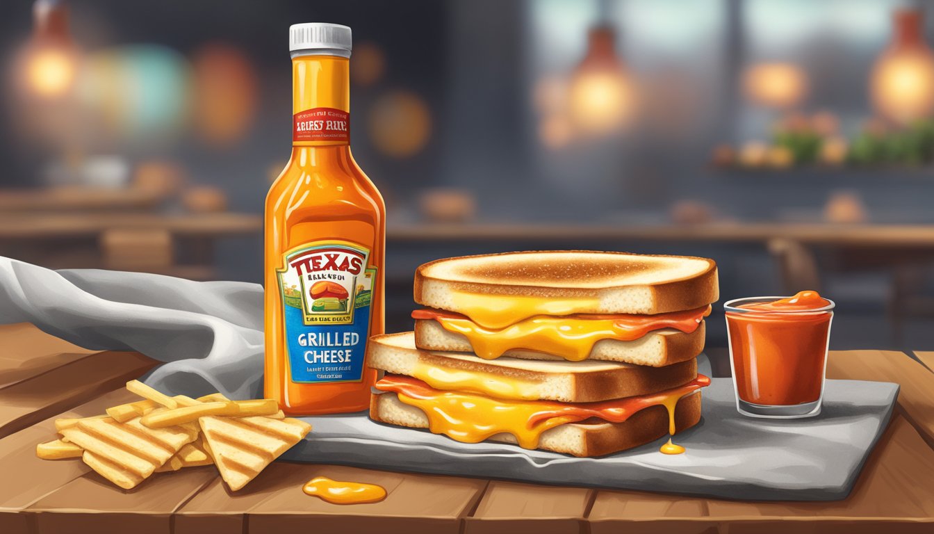 A sizzling grilled cheese sandwich with melted cheese oozing out, accompanied by a bottle of the best Texas hot sauce