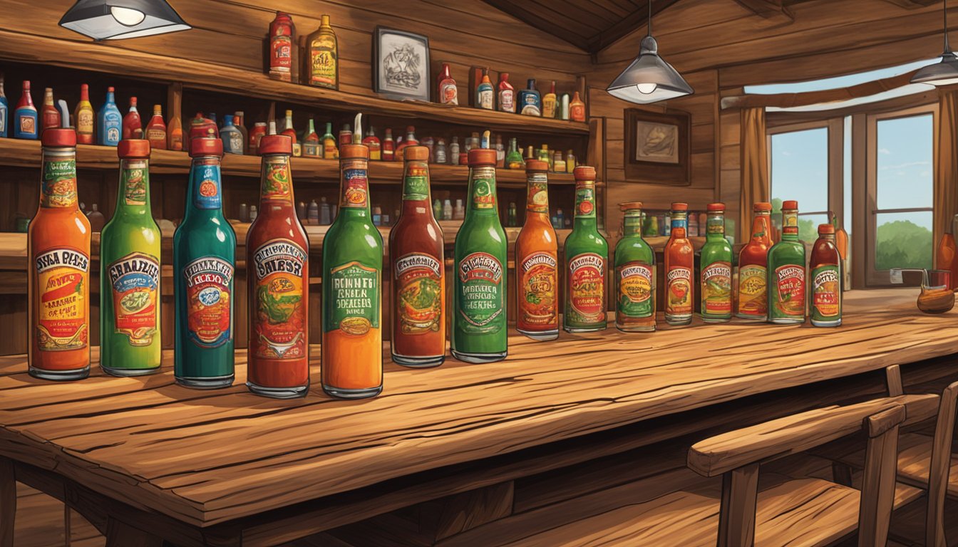 A rustic wooden table displays various bottles of Big Daddy's Hot Sauces, with Texas-themed decor in the background