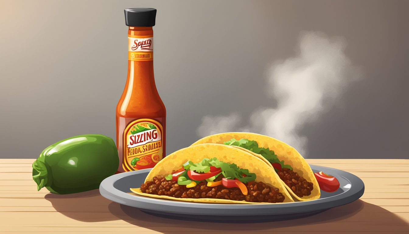 A sizzling hot sauce bottle next to a plate of sizzling tacos, with steam rising from the spicy filling