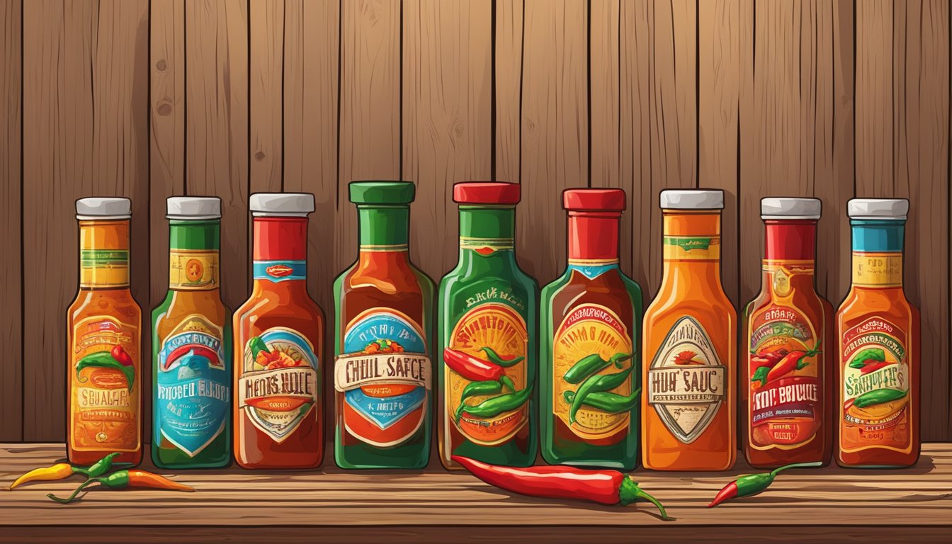 A colorful array of hot sauce bottles arranged on a rustic wooden table, with vibrant peppers and chili peppers scattered around