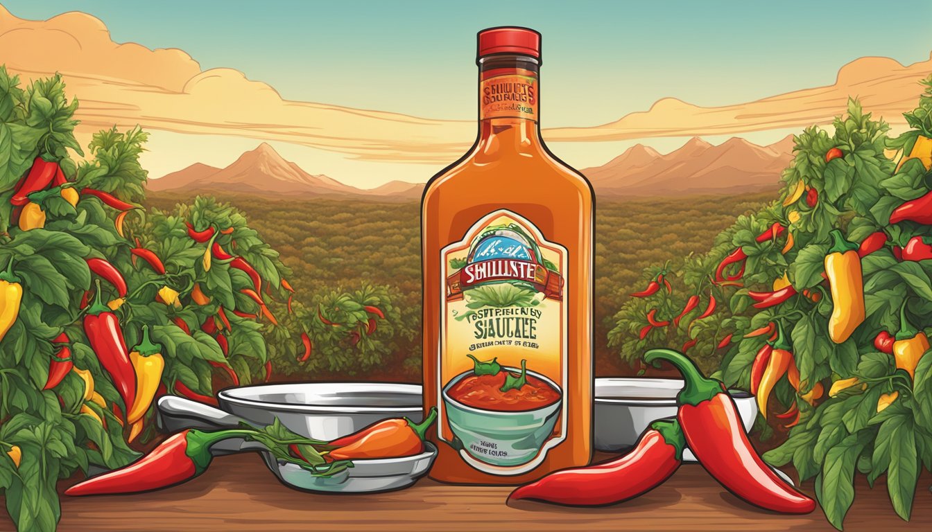 A sizzling skillet of hot sauce bottles with Texas-themed labels, surrounded by vibrant peppers and chili plants