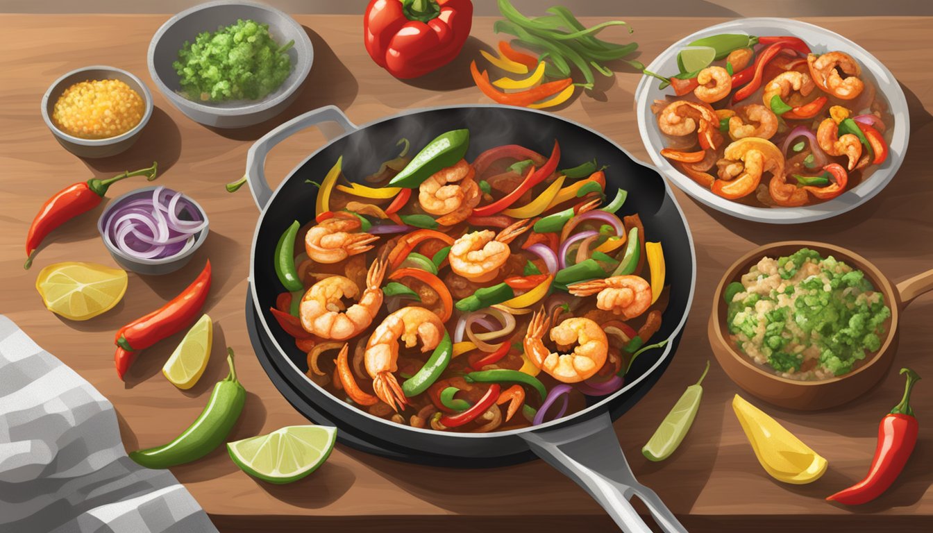 Sizzling skillet with Cajun shrimp, bell peppers, and onions. Smoke rising from the spicy fajitas