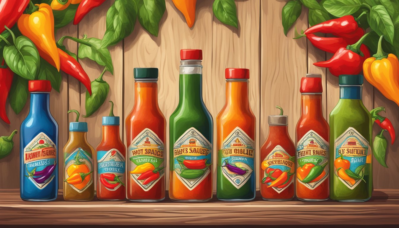 A colorful array of hot sauce bottles arranged on a rustic wooden table with vibrant peppers and chili plants in the background