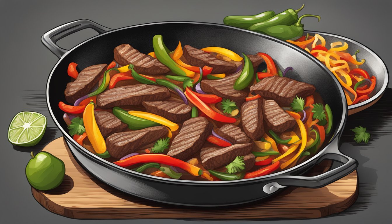 A sizzling skillet of steak fajitas with habanero peppers, onions, and bell peppers, emitting a tantalizing aroma