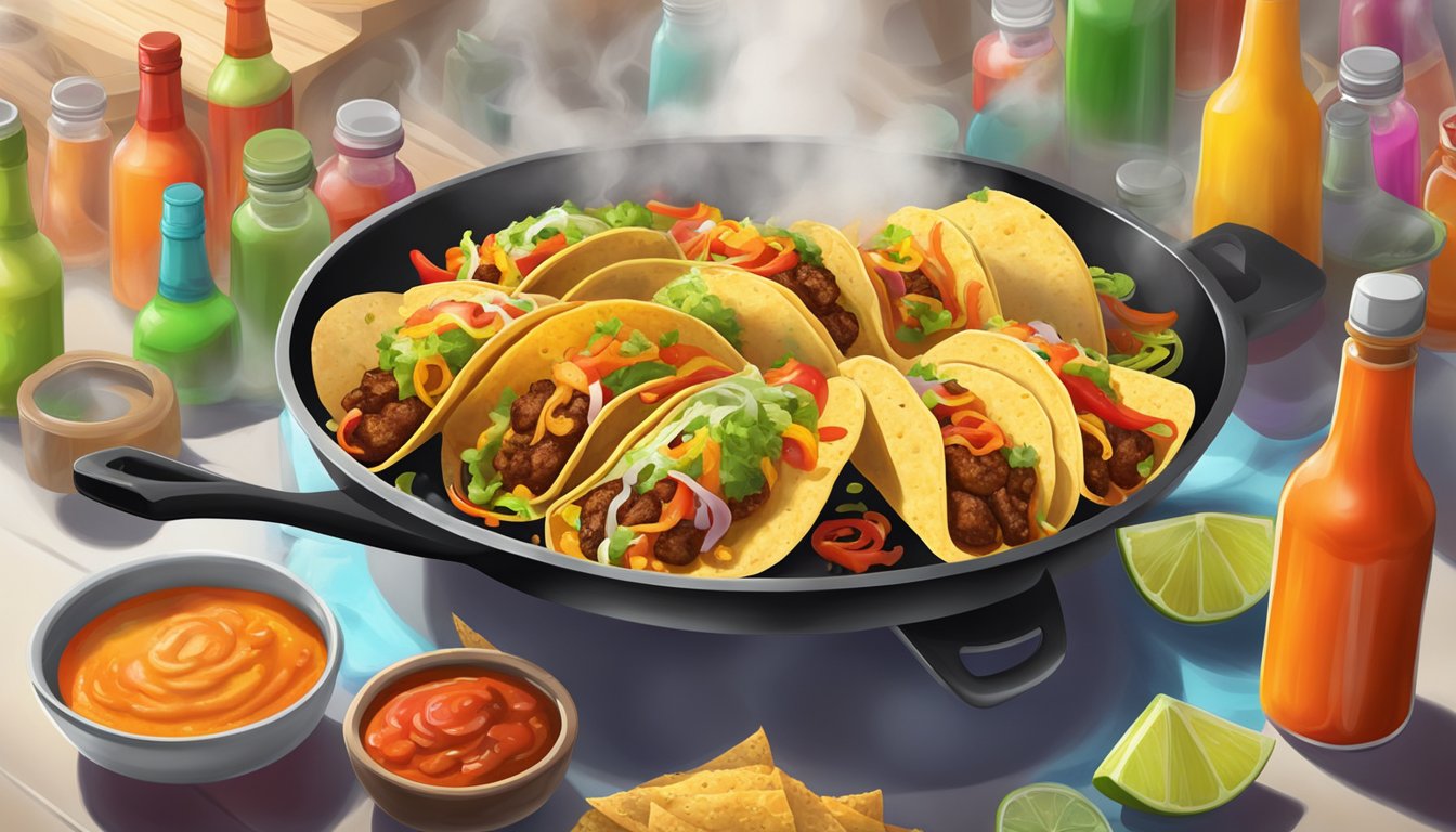 A sizzling skillet of tacos surrounded by colorful bottles of hot sauce, with steam rising and the aroma of spicy flavors filling the air