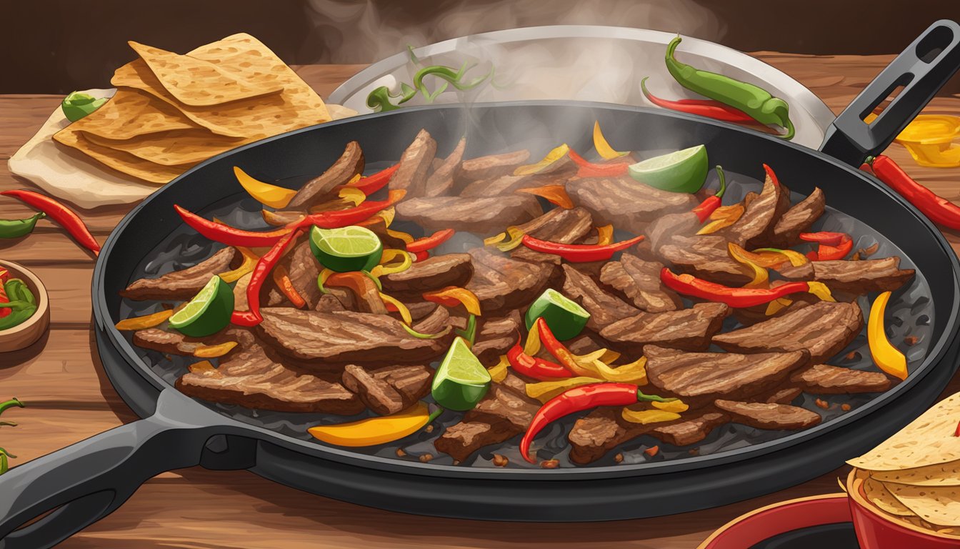 Sizzling pork fajitas on a hot griddle, surrounded by smoky mesquite wood chips and fiery red chili peppers