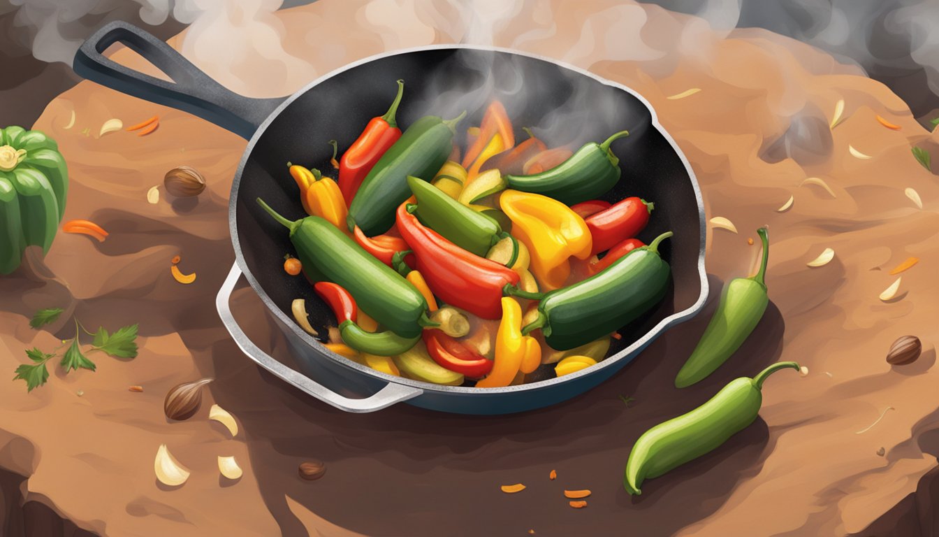 A sizzling skillet of colorful peppers, onions, and zucchini cooking over an open flame with a hint of smoke and spice in the air