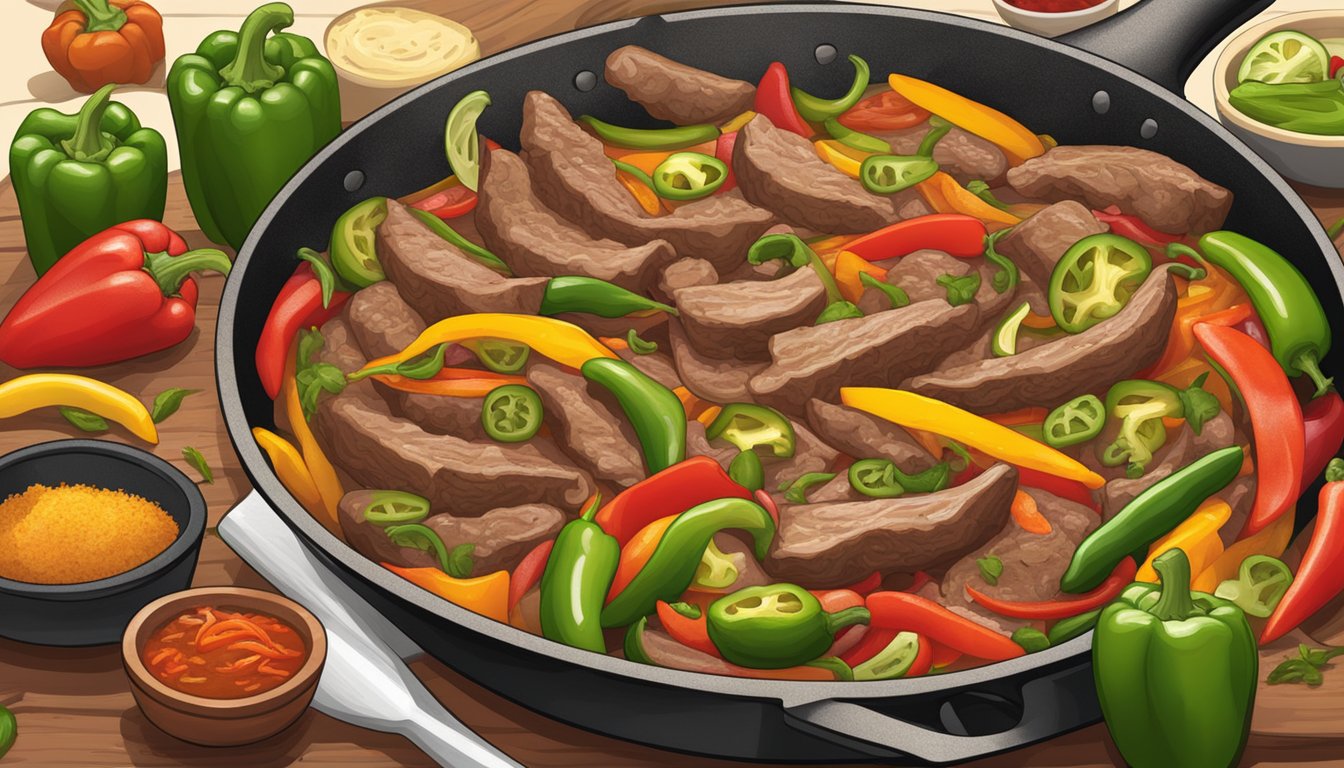 A sizzling skillet of lamb fajitas, surrounded by colorful bell peppers, onions, and jalapenos, emitting a tantalizing aroma of spices