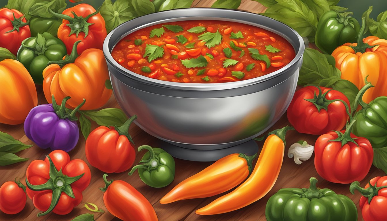 A steaming bowl of fiery red salsa surrounded by vibrant habanero peppers and tomatoes, emitting a spicy aroma